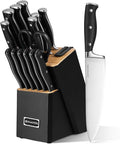 Black Knife Set with Block, 15Pcs Knife Block Set with Built-in Sharpener