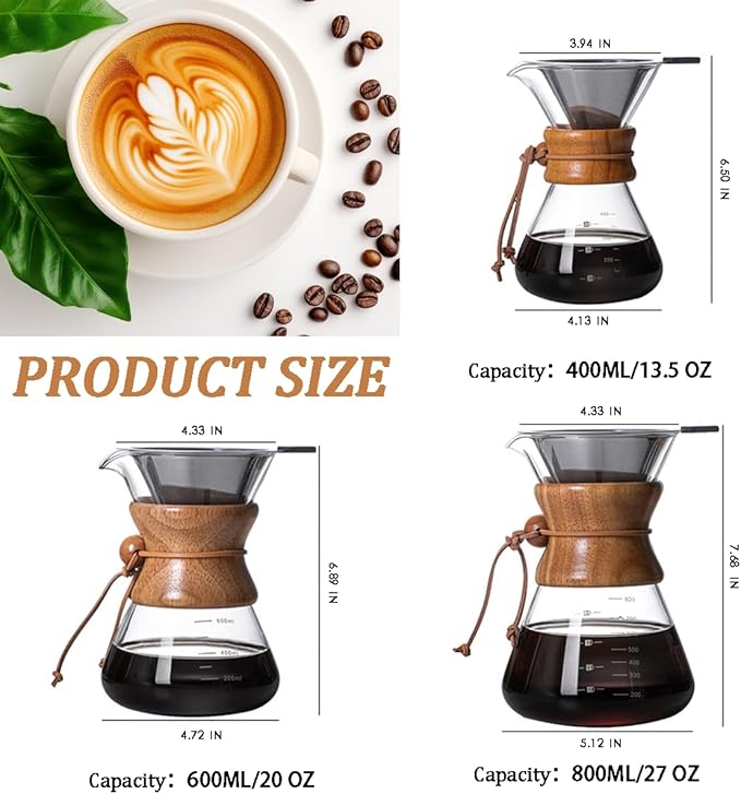 COFISUKI Pour Over Coffee Maker with Reusable Stainless Steel Drip Filter, Lead-Free Borosilicate Glass Coffee Carafe with Modern Wooden Collar for 1-6Cup, Circular Clear (800ml/27oz)