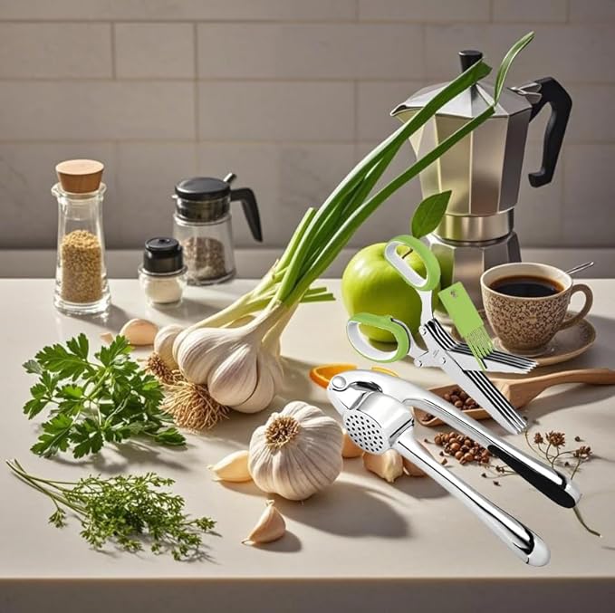 Garlic Press Stainless Steel, 2 in 1 Garlic Mincer & Herb Scissors, Dishwasher Safe Garlic Crusher, Rust Proof Garlic Smasher and Mincer Tool with Peeler and Brush for Kitchen