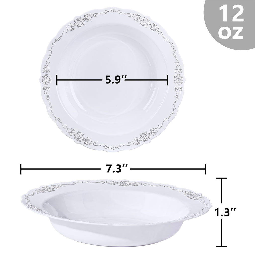 DaYammi 50 Pack Plastic Bowls with Silver Rim, 12oz Disposable Soup Bowls,Silver bowls Disposable Heavy Duty Dinner Bowl for Wedding,Plastic Serving bowls for Parties,Dinners,Catering and Everyday Use