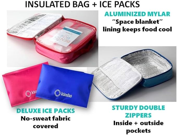 kinsho Lunch Boxes for Kids Boys Girls - Bento Box Set of 2, with Insulated Bag & Ice Pack, 6 Compartment Leak Proof Container, BPA-Free, Microwave Safe, Ideal for School & Work, Blue & Pink
