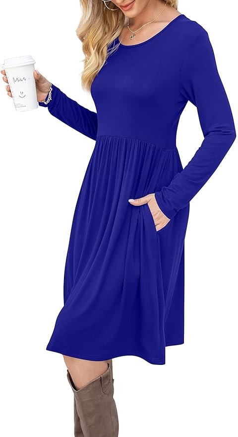 DB MOON Women Casual Long Sleeve Dresses Empire Waist Loose Dress with Pockets (Royal Blue, L)