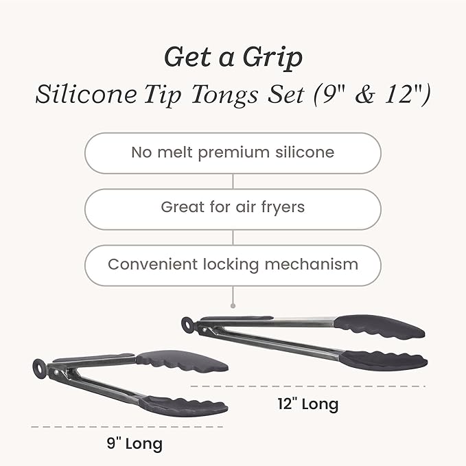 Starpack Get a Grip Silicone Kitchen Tongs (2-Pack, 9" + 12") - LFGB Non Toxic, 600°F Heat Resistant, BPA-Free - Heavy-Duty Stainless Steel, Locking - Dishwasher Safe for Nonstick Cookware
