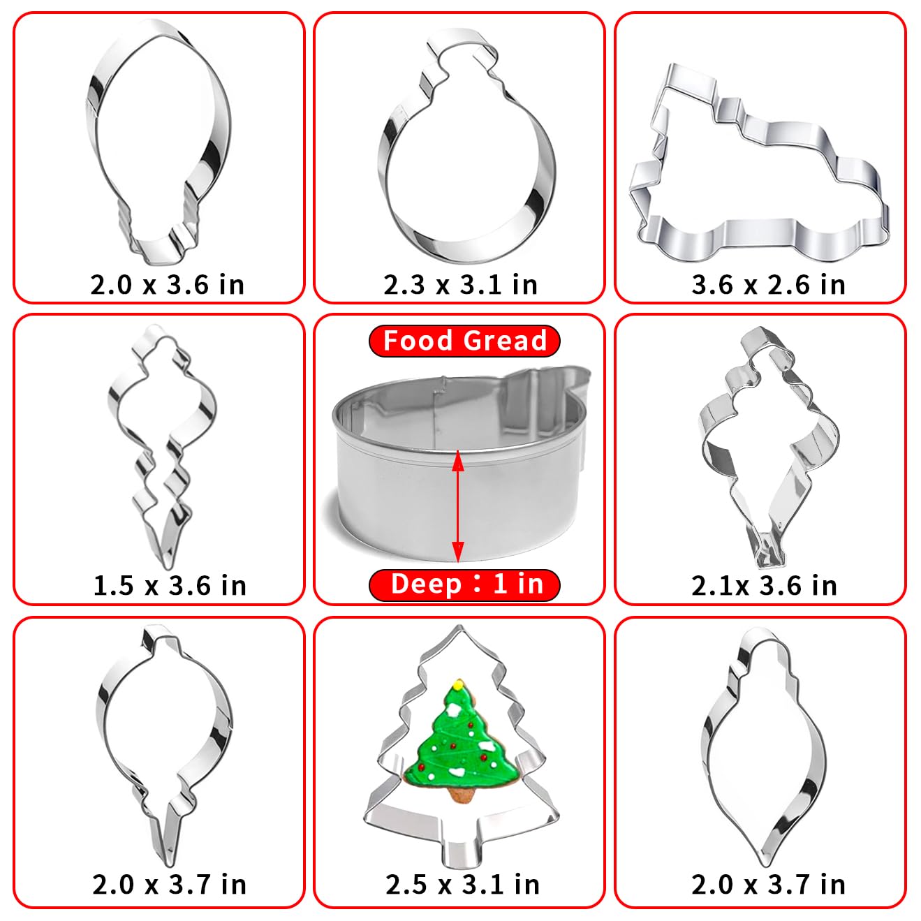 Kanehosi Christmas Ornament Cookie Cutters 8Pcs, Large Cookie Cutters Sturdy Stainless Steel Fondant Dough Cutters for Baking Christmas Decoration
