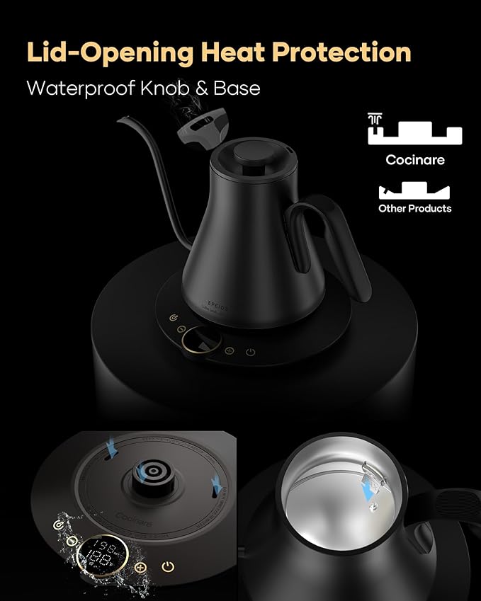 Cocinare Gooseneck Electric Kettle, ±1°F Precise Temperature Control, 1500W Fast Heating, Pour Over Coffee & Tea Kettle with Brew Timer & Keep Warm, Stainless Steel, 0.9L (Matte Black)
