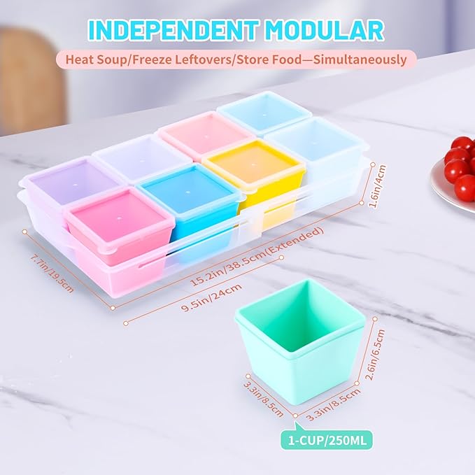 Gemice 1-Cup Silicone Freezer Molds with Lids & Base for Soup, 8-Pack
