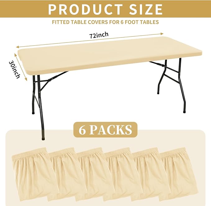 REWOMC 6 Pack Stretch Fabric Table Top Cap Cover, fits 6' Tables, Spandex Table Covers Washable Elastic Rectangle Tablecloth Protector for Indoor Outdoor Party Picnic Wedding, Beige, 30" W x 72" L
