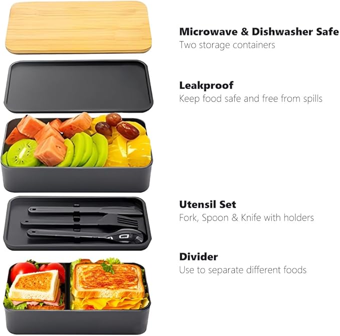 L-WASH Bento Box Adult Lunch Box Set with Bamboo Lid, Compartments, Divider, Insulated Bag, Utensils, Bento Lunch Box, Microwavable - Japanese Style Lunchbox