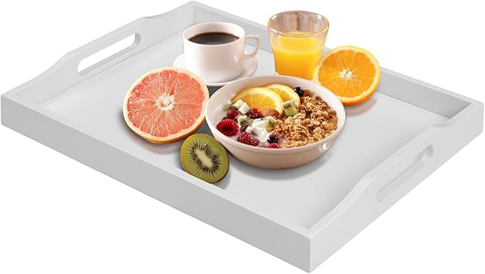 RRX Bamboo Food Serving Tray with Handles,Breakfast Bed Tray (White)