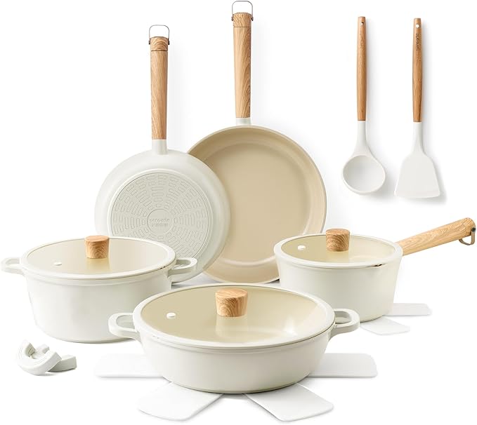 SENSARTE 17Pcs Ceramic Nonstick Cookware Set Non-toxic Healthy Pots and Pans Set Ceramic Kitchen Cooking Frying Pans with Stay-cool Handle, PFAS/PTFE/PFOA Free, Dishwasher Safe, Induction Compatible