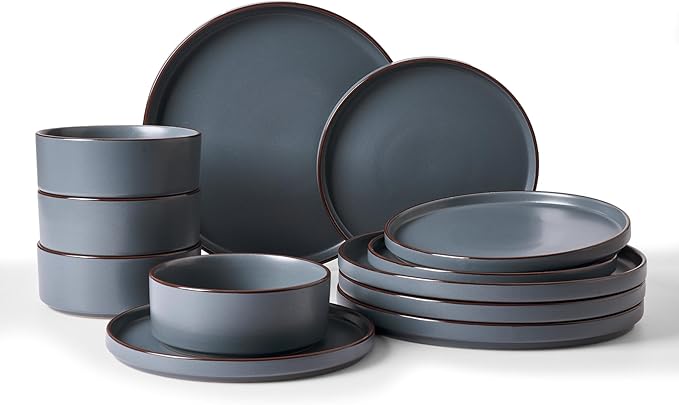 Famiware Nebula Ridge 12-Piece Stoneware Dinnerware Set, Charcoal