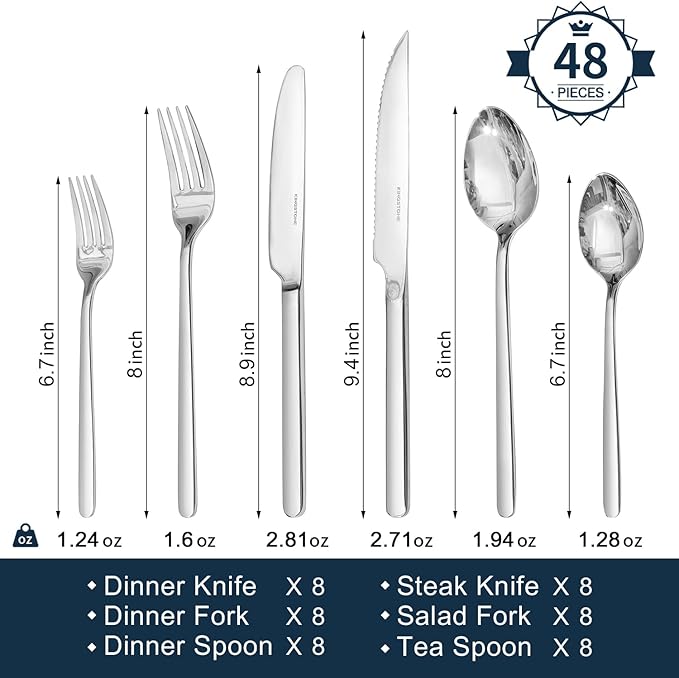 KINGSTONE 48-Piece Silverware Set with Steak Knives, Flatware Set for 8, 18/10 Stainless Steel Tableware Cutlery Set for Home Restaurant, Mirror Finish,Modern Design
