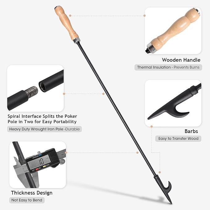 26" Fireplace Fire Pit Tongs & 32" Fire Pit Poker, Heavy Duty Wrought Iron