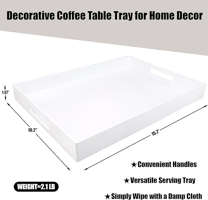 SforGUVA White Serving Tray for Coffee Table, Rectangular Plastic Decorative Tray with Handles for Entertaining, Outdoor Patio, Living Room, Ottoman, Bathroom Counter, 11.8”*15.7”*1.6”
