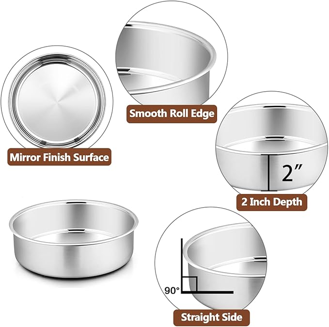 P&P CHEF 6 Inch Cake Pan Set of 4, Stainless Steel Round Cake Pans Tins