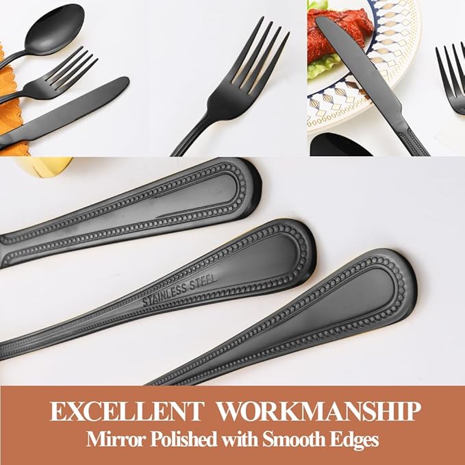 20 Pcs Black Silverware Set for 4, Food Grade Stainless Steel Flatware Set, Eating Utensils Sets Include Fork/Knife/Spoon, Reusable Cutlery Set for Home Kitchen, Dishwasher Safe, Pearl-edged