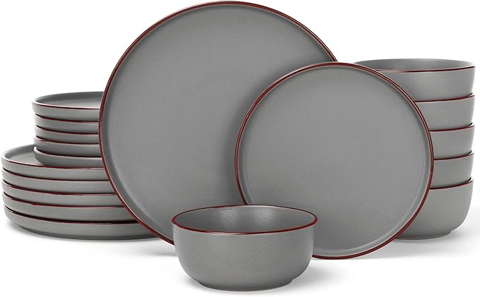 Famiware Mercury 18-Piece Stoneware Dinnerware Set, Dark Grey