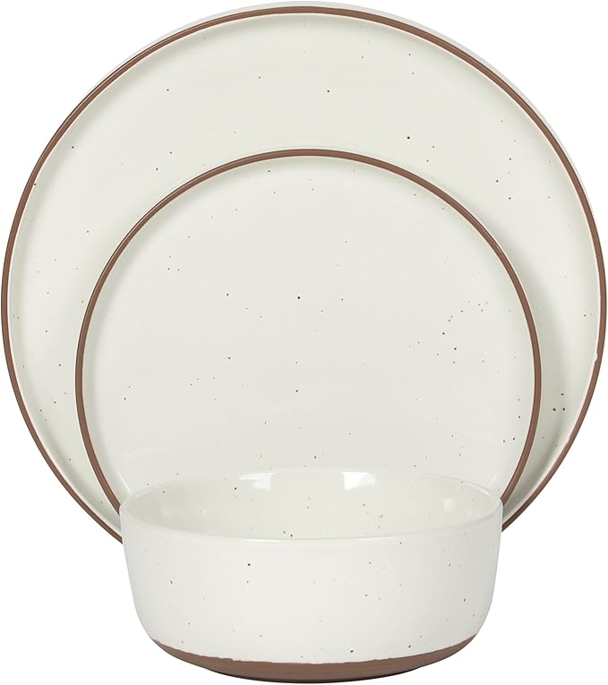 Gibson Elite Northrock Stoneware Dinnerware Set, 12-Piece Service for 4 Plates and Bowls Set – White Dishes with Hand-Painted Terracotta Base