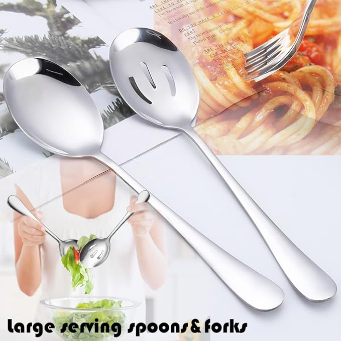 IAXSEE 10 PCS Stainless Steel Serving Utensils, Large Serving Spoons Slotted Spoons, Serving Forks, Serving Tongs, Ice Suger Tongs, Metal Utensils Set Great for Buffet Catering Banquet Party (silver)