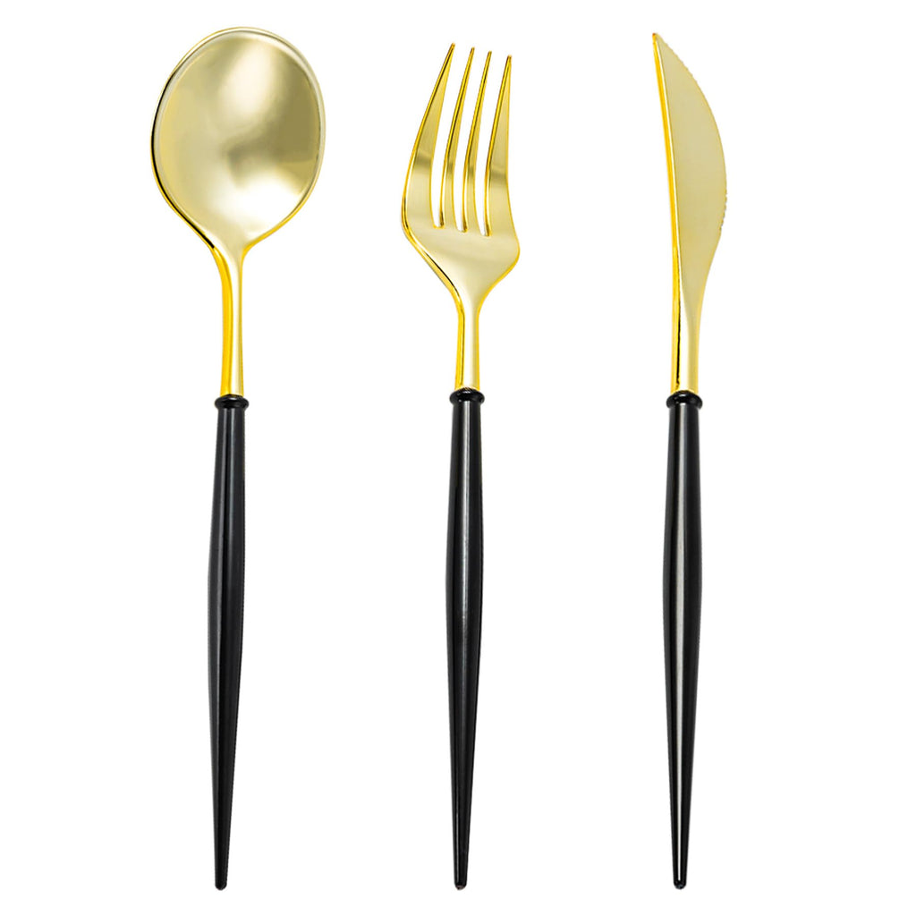 N9R 150PCS Black and Gold Plastic Silverware, Disposable Utensils & Cutlery