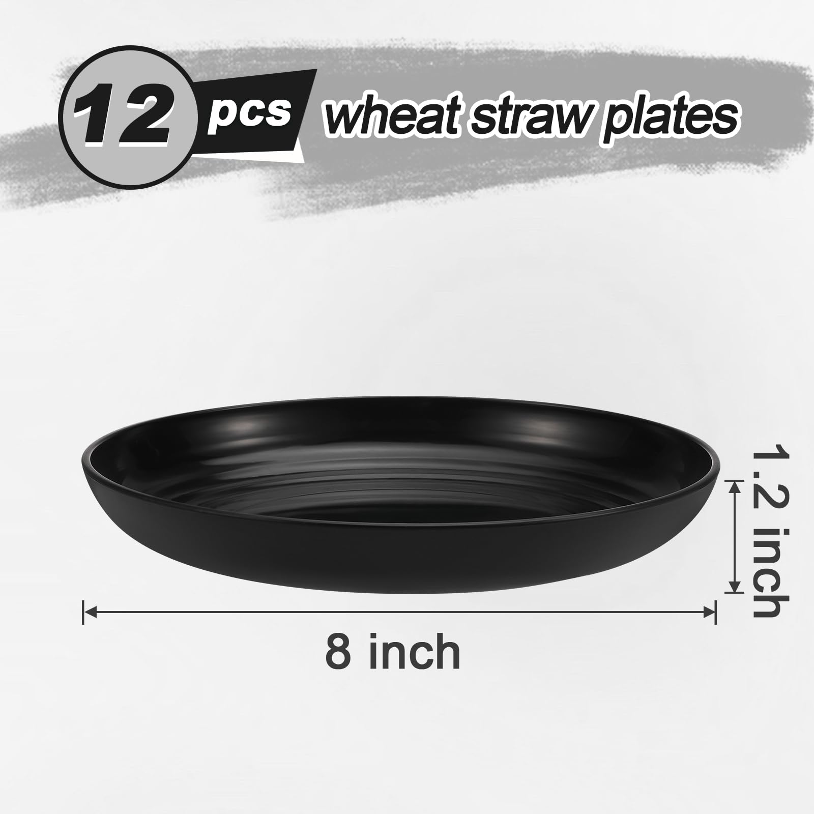 HEYCOME 12 Pcs Unbreakable Deep Dessert Plates Set, 8 inch Reusable Plastic Wheat Straw Plates, Microwave and Dishwasher Safe Plate for Kitchen, Lightweight Plate for Dessert, BPA Free, Black