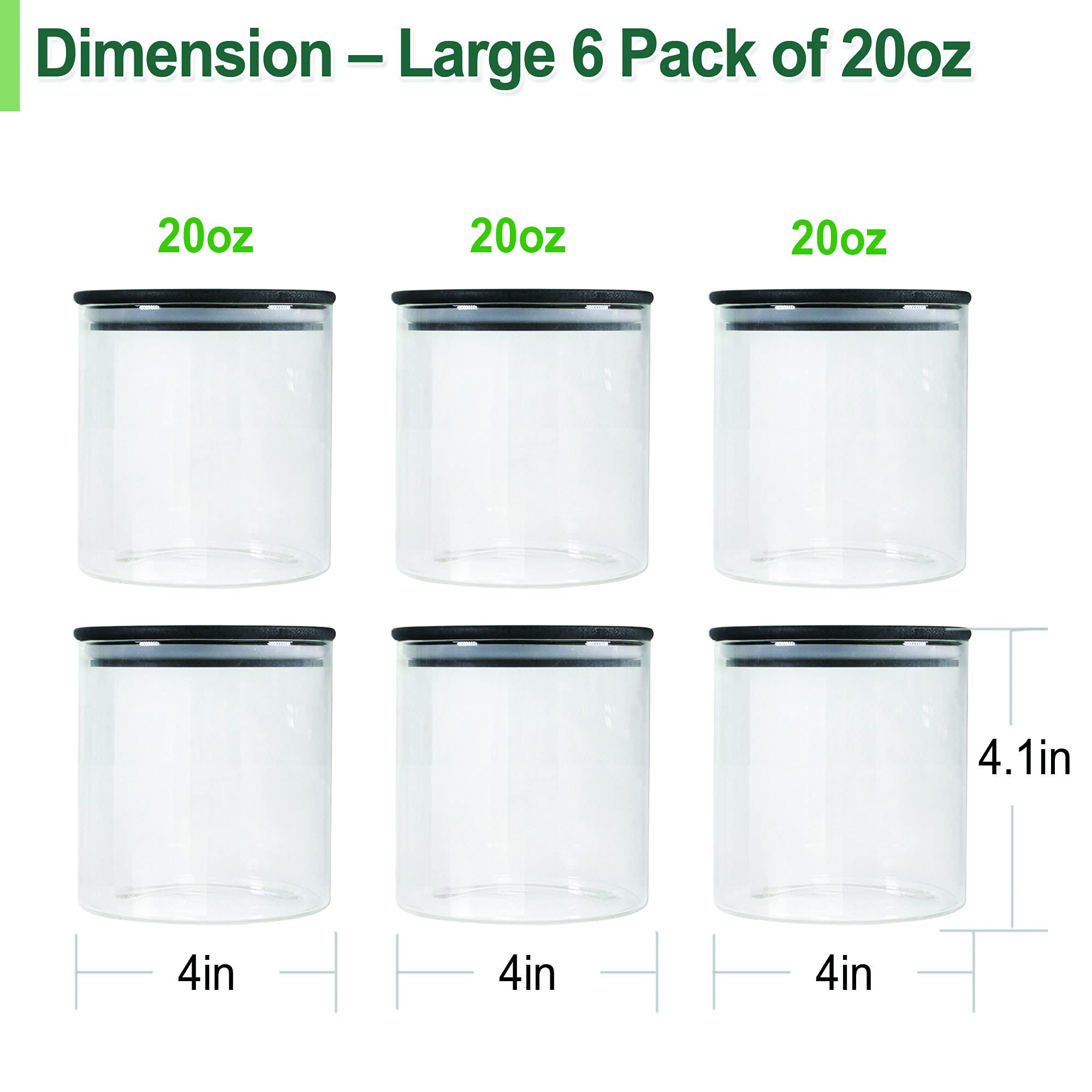 Urban Green Glass Jars with Airtight Black Lids, Food Storage Container with Airtight Lids, Glass Canisters Sets, Kitchen Food Storage Containers (6 Sets of 20oz)