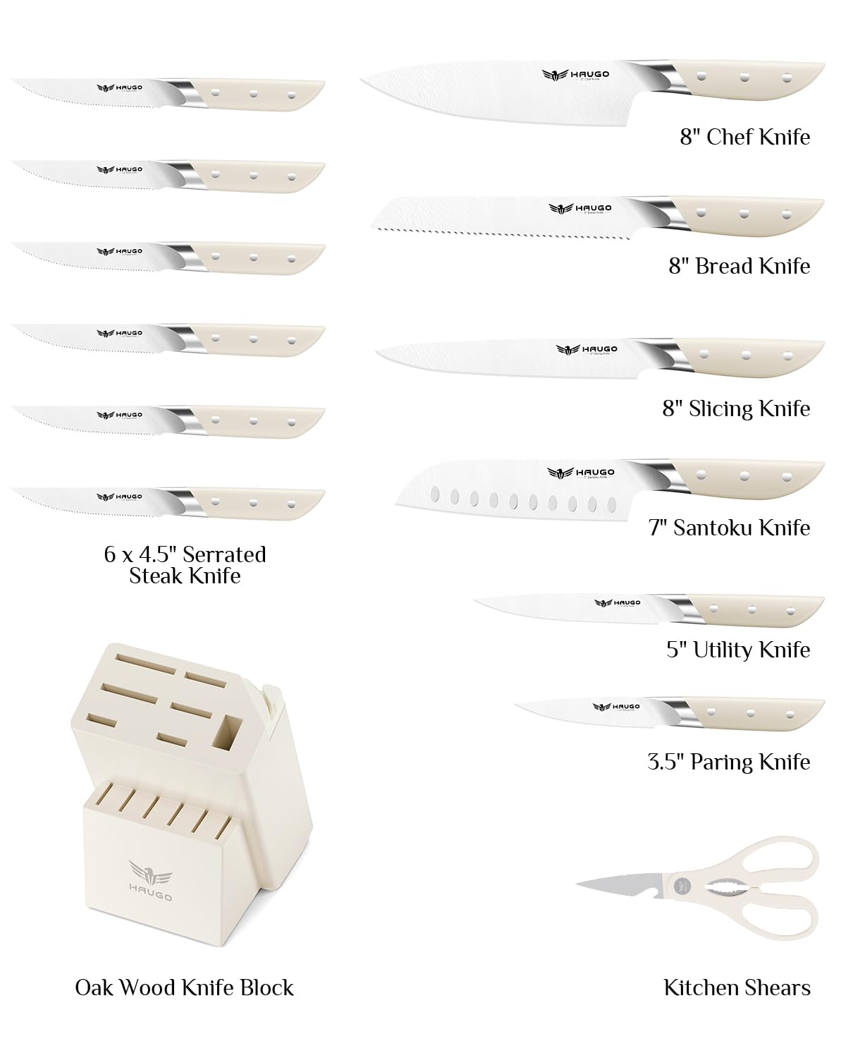 Haugo Kitchen Knife Set with Block: 14-Piece German Stainless Steel Full Tang Professional Knife - Comfortable Grip Reduces Hand Fatigue 30% - Dishwasher Safe & Sharpener - White Knife Set for Cooking
