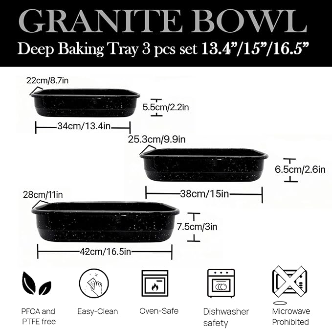 3-Pack Turkey Roasting Pans 17/15/13Inch Spotted Enamel Steel,Ovens Cake Roaster Pan Set Deep Lasagna Baking Pan Vessel Used for Dinners Cooking Safe Easy to Clean Bakeware Merry Christmas Gift