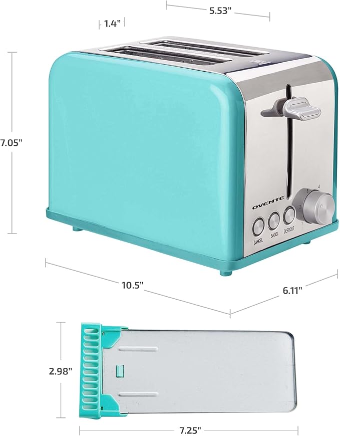 OVENTE 2-Slice Electric Toaster, 825W 6 Browning Setting, Turquoise TS2450T