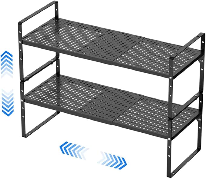 MIYUPTC Expandable Kitchen Cabinet Shelf Organizers, Stackable Metal Pantry Storage Shelves Rack, Adjustable Counter Spice Shelf for Cabinets, Countertop, Cupboard, 2 Pack, Black