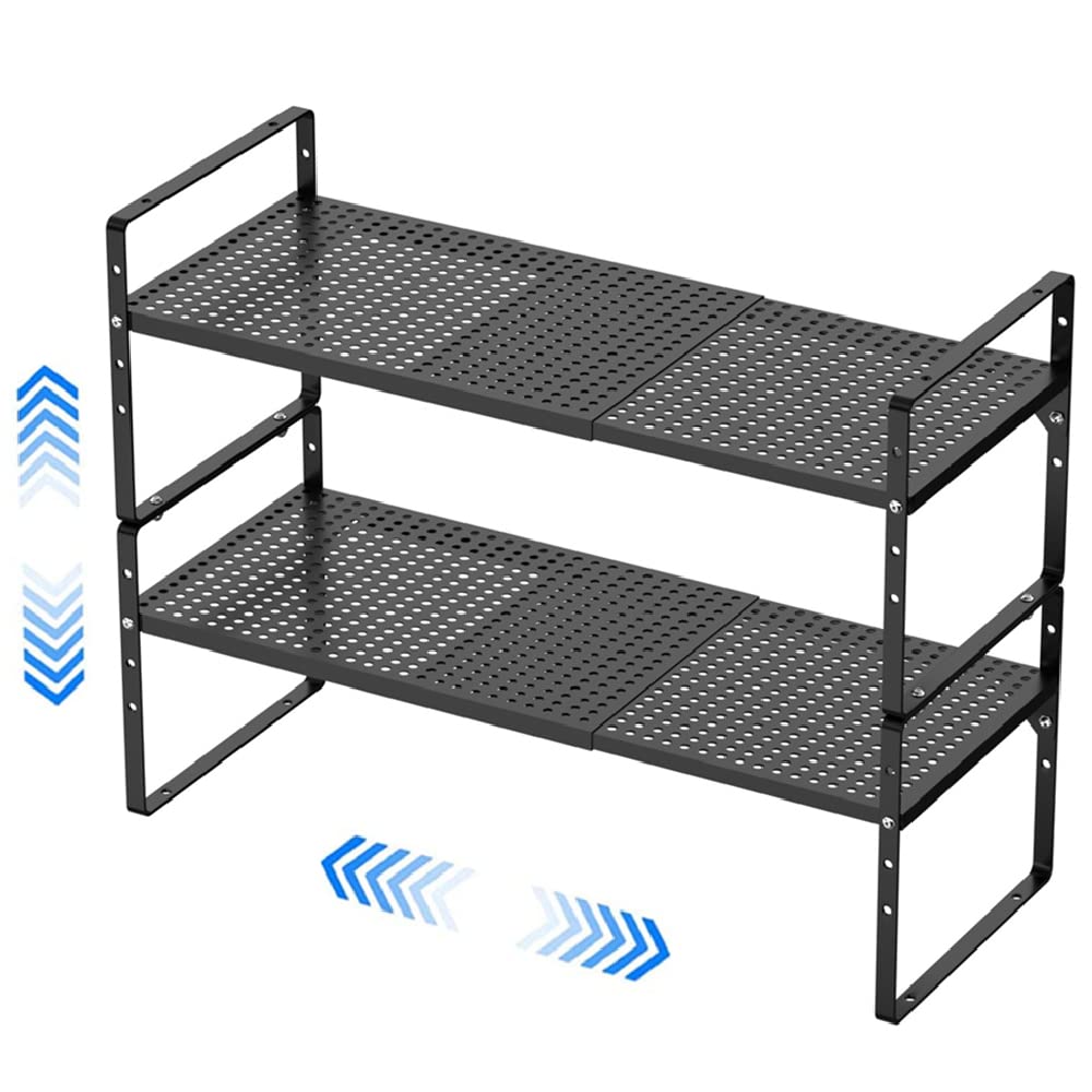 MIYUPTC Expandable Kitchen Cabinet Shelf Organizers, Stackable Metal Pantry Storage Shelves Rack, Adjustable Counter Spice Shelf for Cabinets, Countertop, Cupboard, 2 Pack, Black