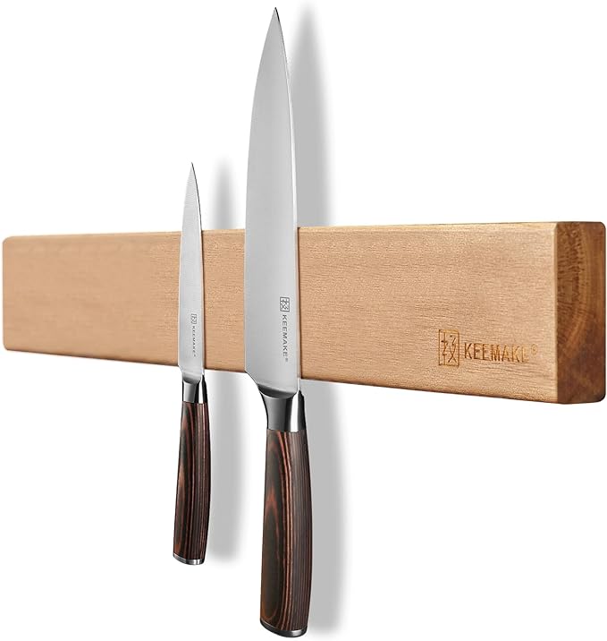 KEEMAKE Magnetic Knife Block with Acrylic Shield, Thickened Wood Kitchen Knife Holder Stand without Knives, Double Side Strong Magnets Knife Storage Organizer for Kitchen Counter top