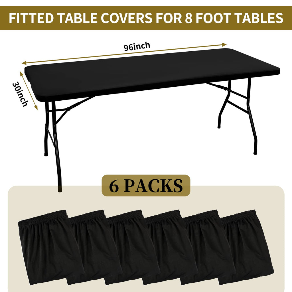 6 Pack Stretch Fabric Table Top Cap Cover, fits 8' Tables, Spandex Table Covers Washable Elastic Universal Rectangle Tablecloth Protector for Indoor Outdoor Party Picnic Wedding, Black, 30" W x 96" L