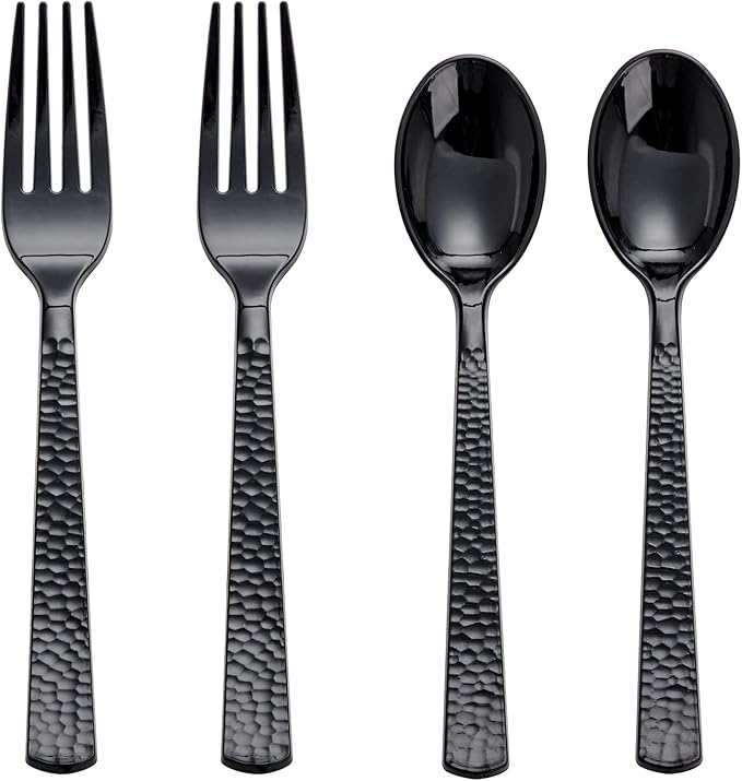 KIRE 400PCS Black Spoons and Forks Set - Black Plastic Silverware for Party
