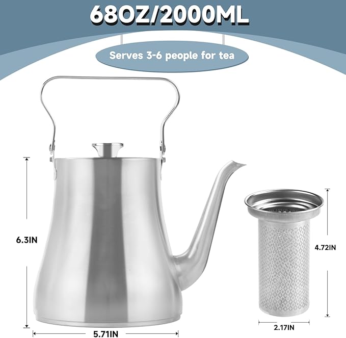 GURUDAR 68OZ/2000ML Stainless Steel Teapot with Removable Infuser, Stovetop & Dishwasher Safe Tea Maker Water Kettle for Loose Leaf & Tea Bags