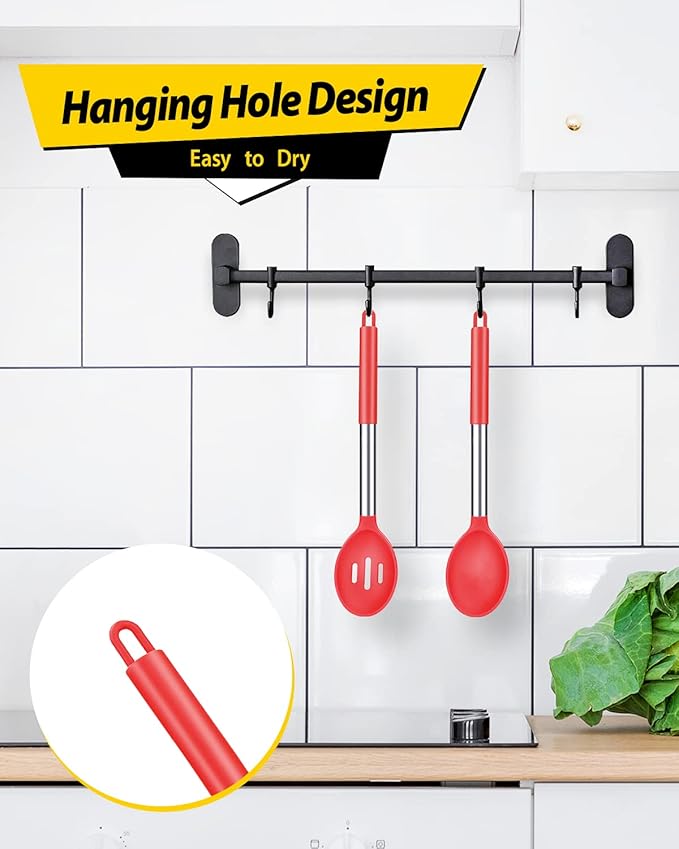 BUNDLEPRO Silicone Cooking Spoons for Non Stick Cookware, 2 Pack, RED