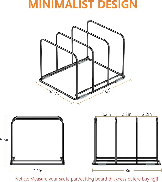 KORRTFID Kitchen Cabinet Organizer - Steel Cookware Rack, Divided Holder with 3 Slots for Skillets, Baking Tray and Chopping Board - Pan Storage (2.2 Inch Width Slots)