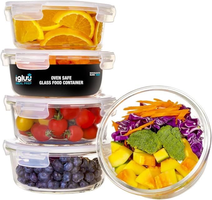 Igluu Meal Prep Round Glass Containers with Air Vent Lids (5 Pack) – 32oz