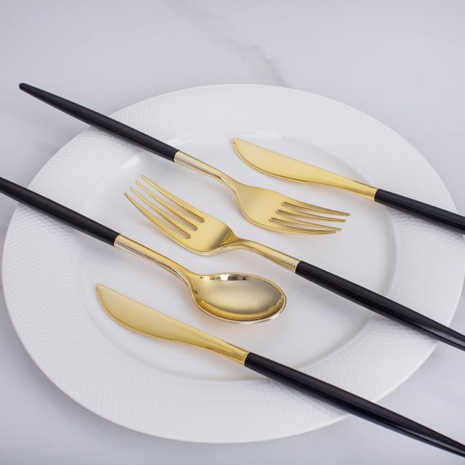 I00000 60 Pcs Black Plastic Cutlery Set, Gold Utensils with Black Handle