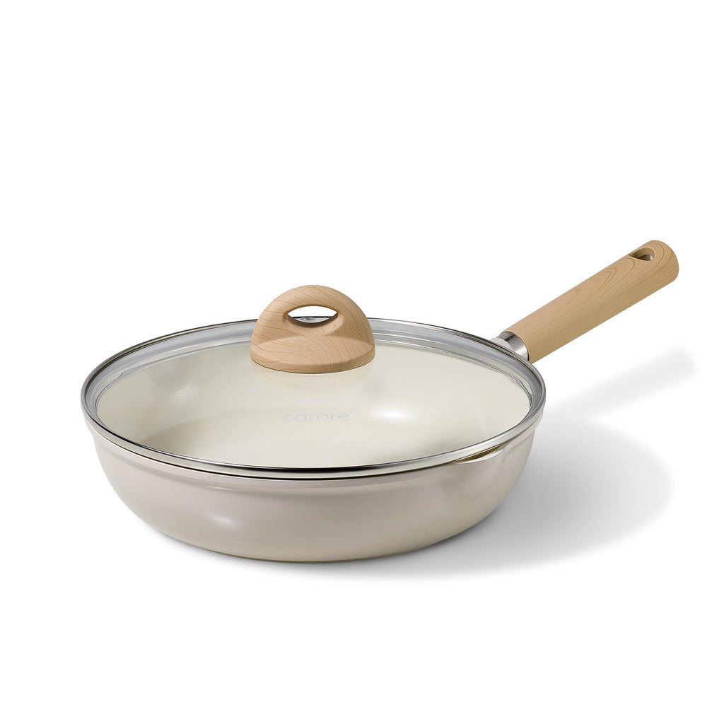 CAROTE 10" Ceramic Frying Pan with Lid, Non Stick Frying Pan Skillet Chef's Pan, Healthy & PFOA/PFAS Free, Induction-Compatible, Taupe