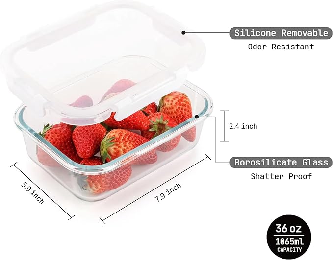 Cuiselect 5 Pack 36 Oz Glass Meal Prep Containers with Lids, Reusable Glass Food Storage Containers with Lids, Leak Proof, Microwave, Oven, Freezer and Dishwasher Safe (White)