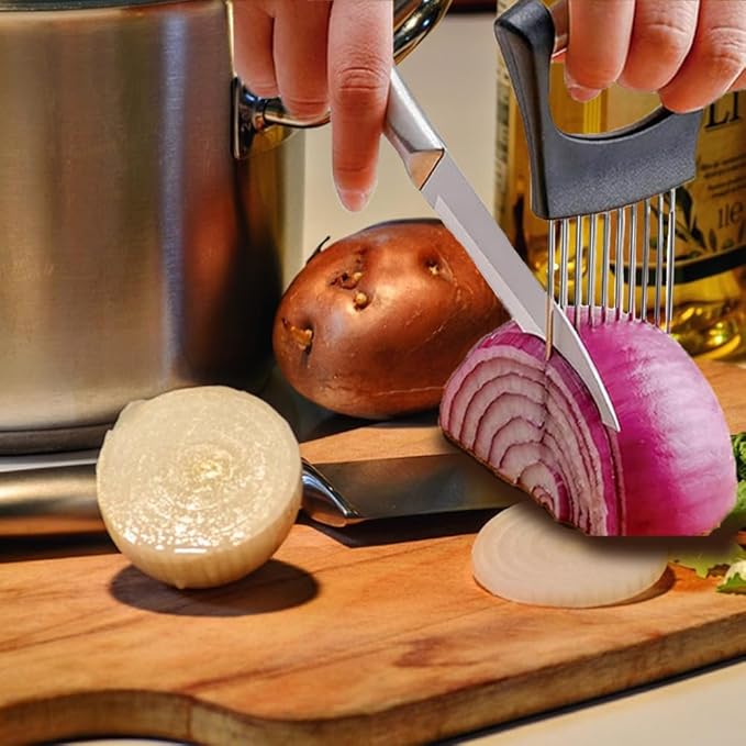 Vyooxcy Stainless Steel Onion Holder for Slicing ，Meat Tenderizer，Fruits Veg Meat Onion Cutter for Slicing and Storage of Avocados Lemon Potato Tomato and Other Meat Stalking Fork, MINI, Silver