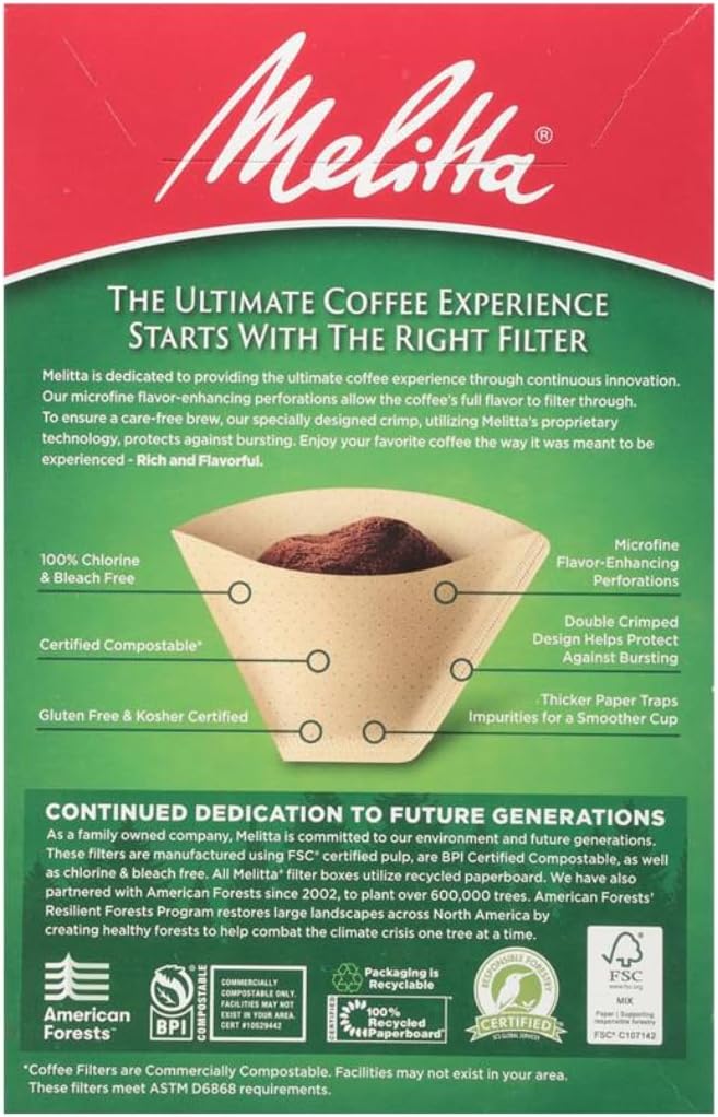 Melitta #4 Unbleached Coffee Filters, Premium, Natural Brown, Flavor Enhancing Coffee Filters for 8-12 Cup Coffee Makers, Kosher Certified, Compostable, 100 Count (Pack of 6)