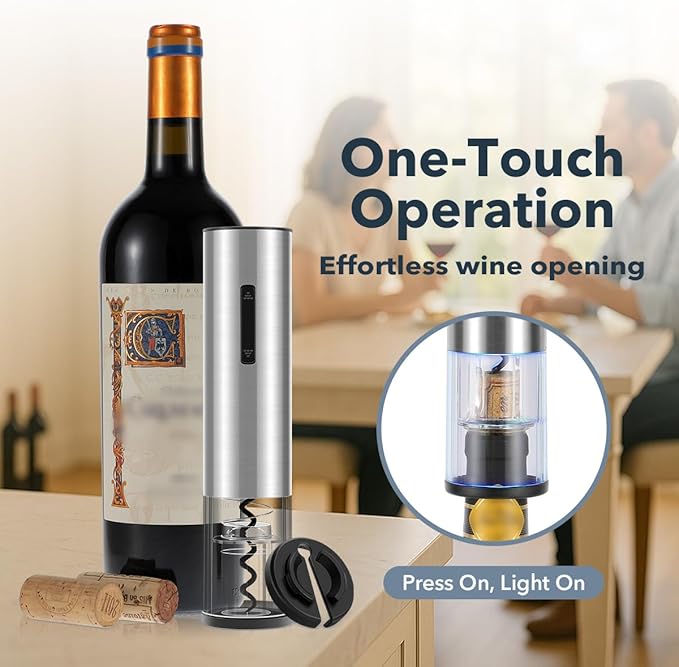 QIKPCK Electric Wine Opener Rechargeable–USB-C Charging, Wine Opener Electric with Foil Cutter, Electric Wine Bottle Opener, Electric Corkscrew Wine Opener, Stainless Steel, Must-Have for Wine Lovers