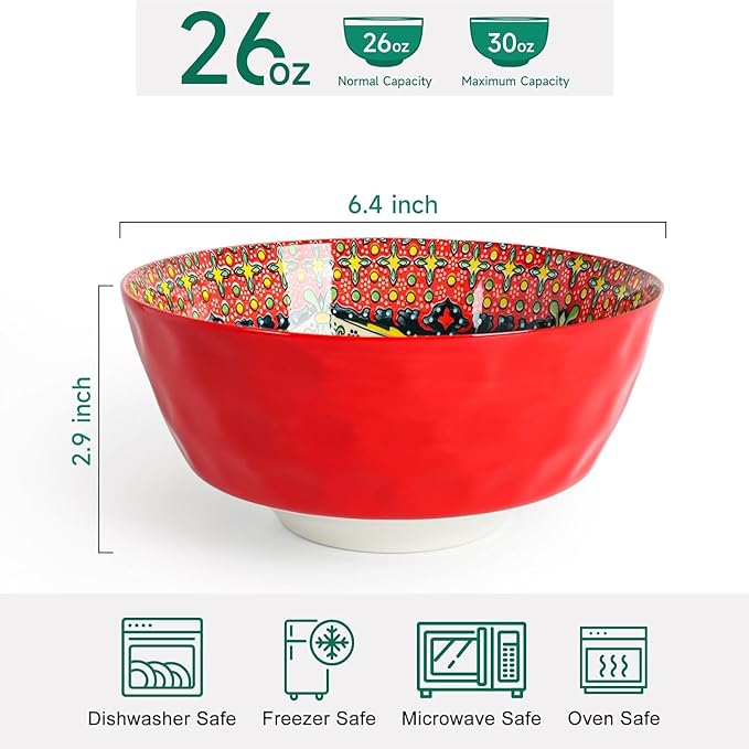 KitchenTour Cereal Bowls Set of 6, 26 oz Ceramic Soup Bowls for Kitchen, 6.3 Inch Colorful Serving Bowls for Oatmeal, Salad, Pasta, Dessert - Microwave & Dishwasher Safe