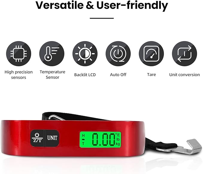 BAGAIL Digital Luggage Scale,110lbs Hanging Baggage Scale with Backlit LCD Display,Portable Suitcase Weighing Scale,Travel Luggage Weight Scale with Hook,Strong Straps for Travelers(Red)