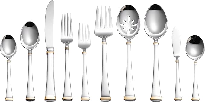 Mikasa Harmony 65-Piece Flatware Set for 12, 18/10 Stainless Steel Silverware with Gold Accent Handles, Service for 12 with Serving Utensils, Dishwasher Safe