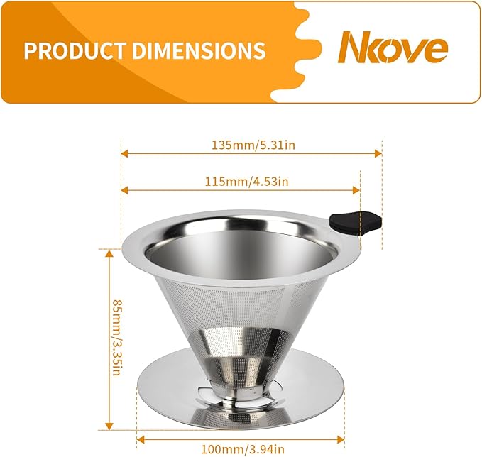 NKOVE Pour Over Coffee Dripper Stainless Steel Reusable Filter Coffee Maker