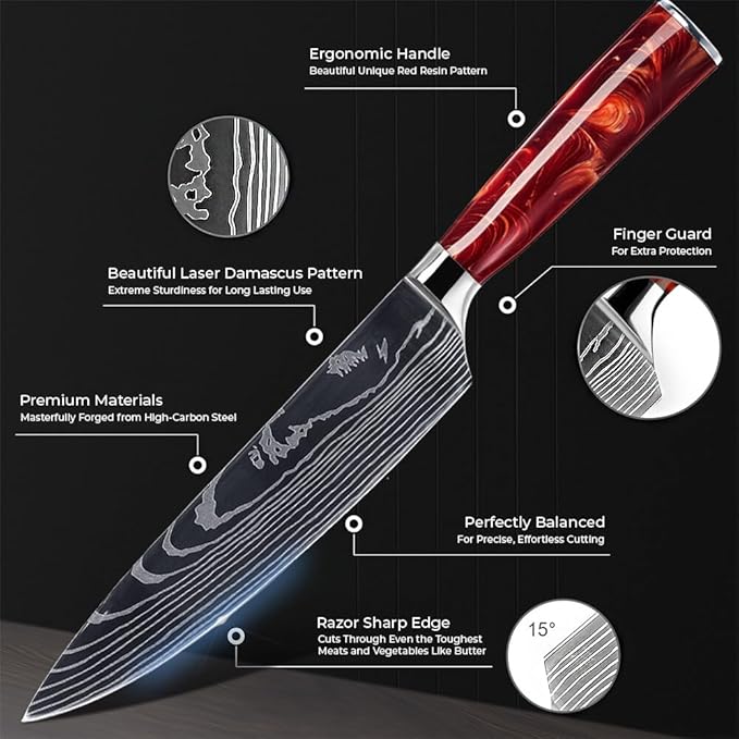 SENKEN 16-Piece Knife Block Set - Japanese High Carbon Stainless Steel with Damascus Pattern, Red Resin Handles, 6 Steak Knives & Acacia Hardwood Block (Red)