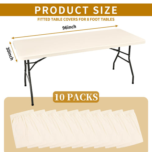 10 Pack Fitted Tablecloth for 8 Foot Rectangle Tables, Ivory Elastic Outdoor Picnic Table Cover, Washable Stretch Folding Table Cloths 8 ft for Camping Party Patio Kitchen Banquet, 30" W x 96" L